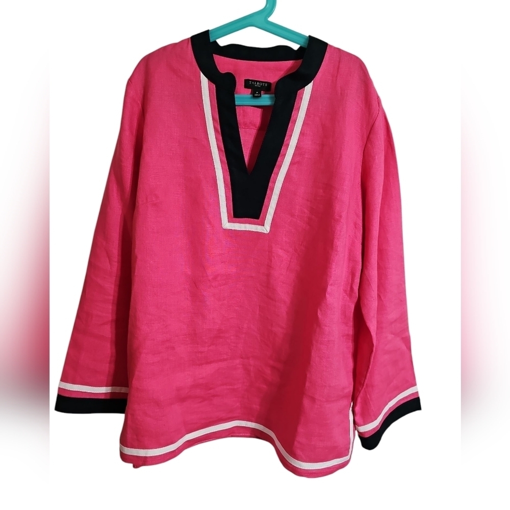 Talbots Women Petite Small Tunic Pink Black White Linen Coastal Preppy Resort - Picture 2 of 7